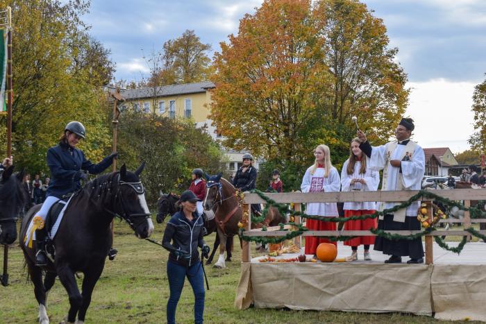 Pfarrer Alex Thekkekutt segnete die Pferde beim Leonhardiritt am vergangenen Sonntag in Bad Gögging. 
