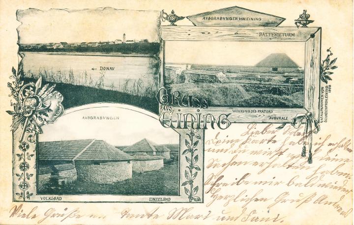 Historische Postkarte mit Bildern der Ausgrabungen im Kastell Abusina in Eining um 1899.