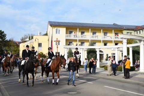 Beim Umzug durch Bad Gögging präsentieren sich die geschmückten Pferde und prachtvollen Kutschen. 